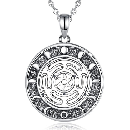 Stunning 925 Sterling Silver Hecate Wheel necklace with intricate Moon Phase design.