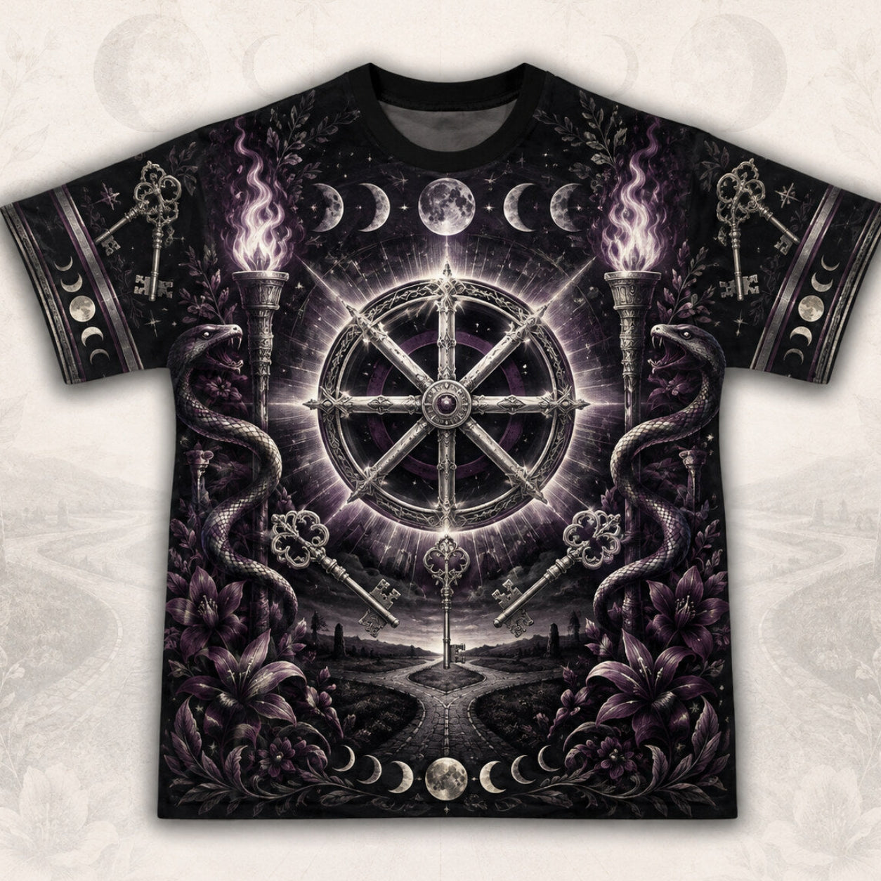 Wheel Of The Year T-Shirt Torch Moon Phases Sabbat Pagan Tee front view