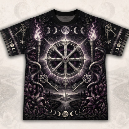 Wheel Of The Year T-Shirt Torch Moon Phases Sabbat Pagan Tee front view