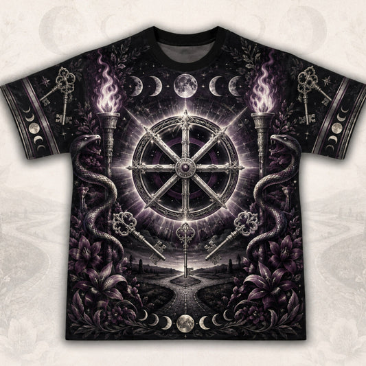 Wheel Of The Year T-Shirt Torch Moon Phases Sabbat Pagan Tee front view