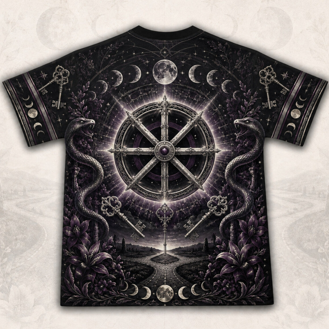 Wheel Of The Year T-Shirt Torch Moon Phases Sabbat Pagan Tee back view