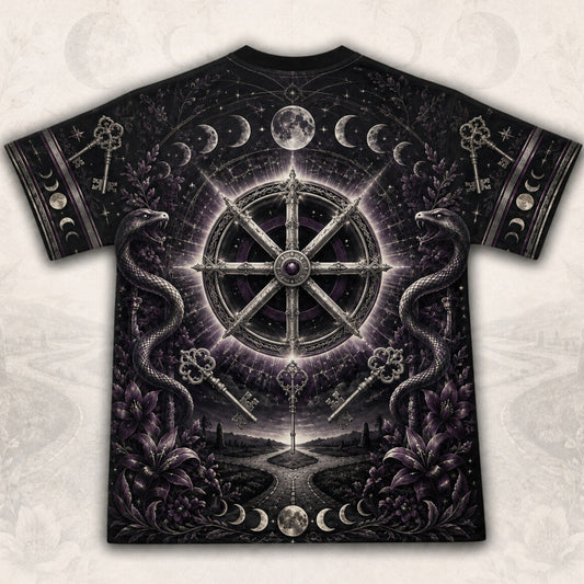 Wheel Of The Year T-Shirt Torch Moon Phases Sabbat Pagan Tee back view