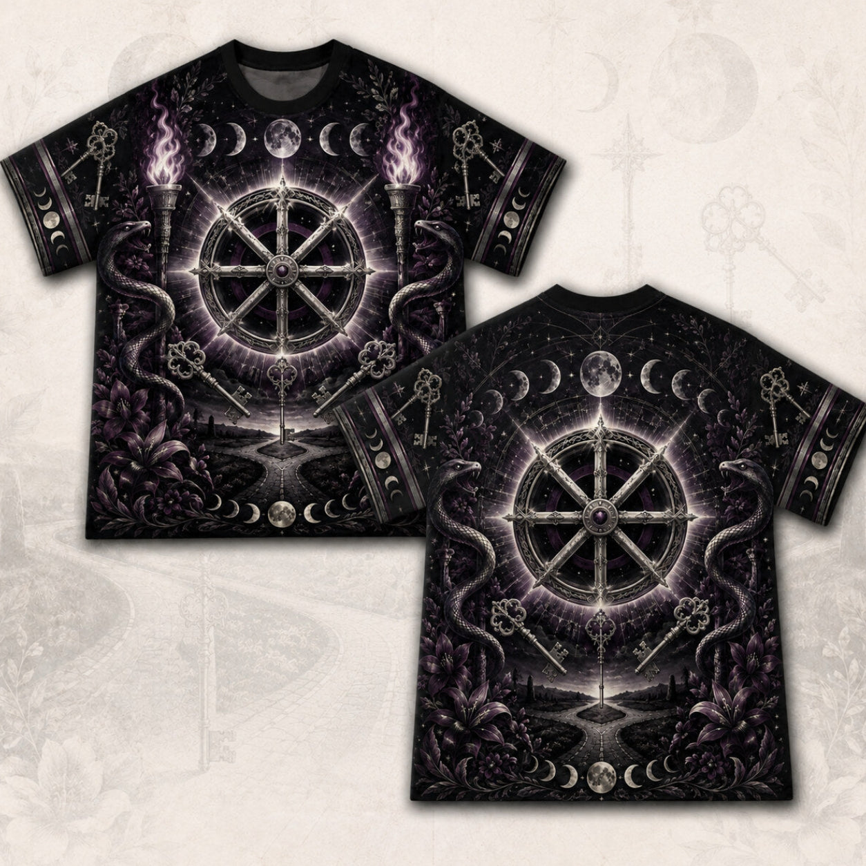 Wheel Of The Year T-Shirt Torch Moon Phases Sabbat Pagan Tee front and back together