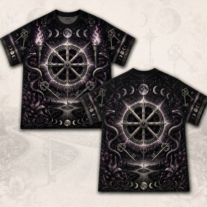 Wheel Of The Year T-Shirt Torch Moon Phases Sabbat Pagan Tee front and back together