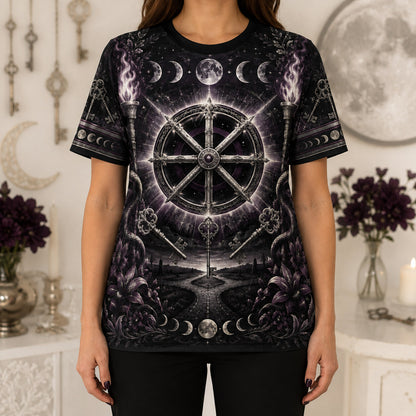 Wheel Of The Year T-Shirt Torch Moon Phases Sabbat Pagan Tee worn, front view
