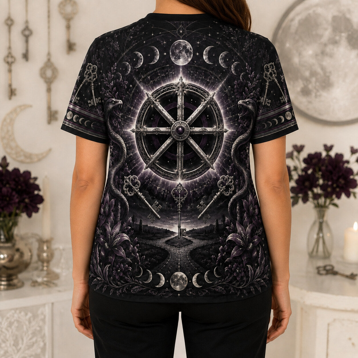 Wheel Of The Year T-Shirt Torch Moon Phases Sabbat Pagan Tee worn, back view