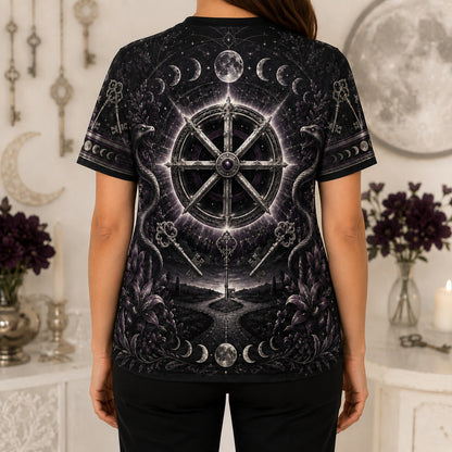 Wheel Of The Year T-Shirt Torch Moon Phases Sabbat Pagan Tee worn, back view