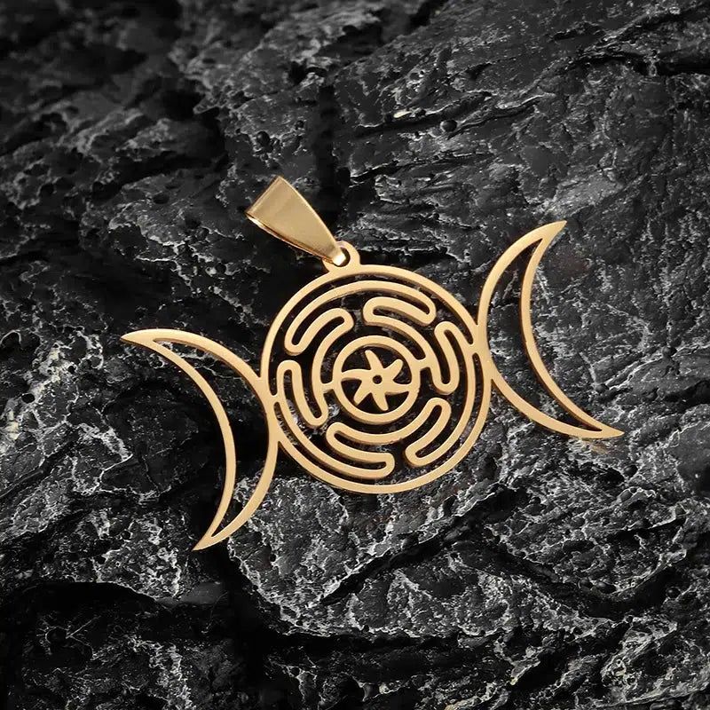 Golden stainless steel Hecate Wheel Triple Moon pendant, a powerful Wicca jewelry piece for spiritual connection.