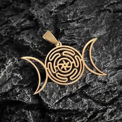 Golden stainless steel Hecate Wheel Triple Moon pendant, a powerful Wicca jewelry piece for spiritual connection.