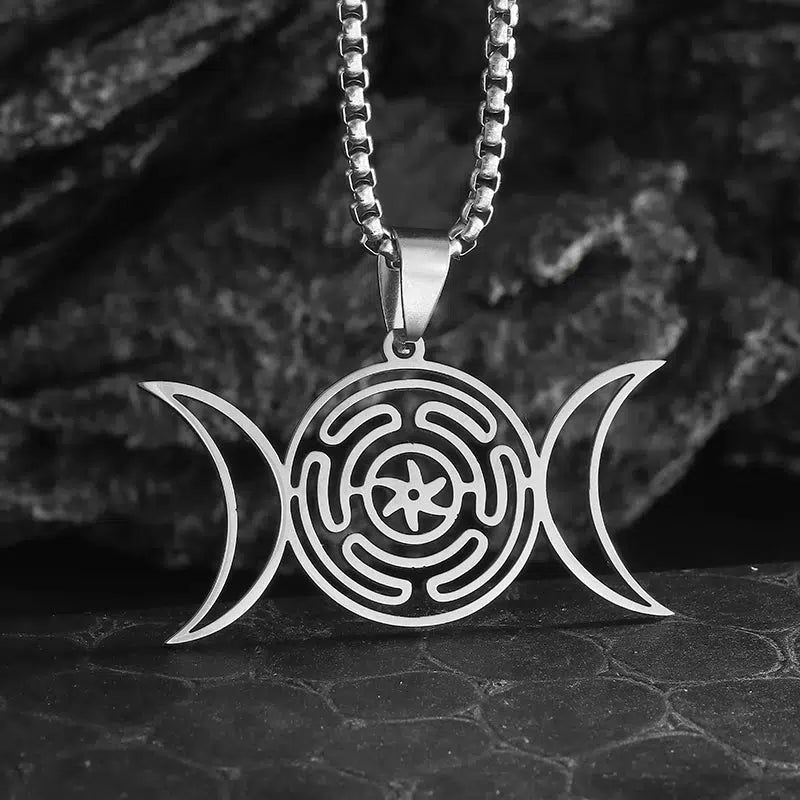 Stainless steel Hecate Wheel Triple Moon Necklace, a captivating Wicca jewelry piece for spiritual connection.