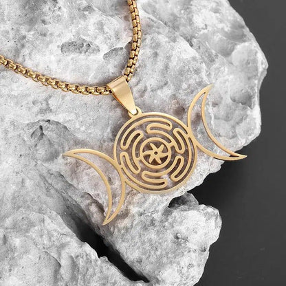 Stunning gold stainless steel Hecate Wheel Triple Moon necklace, a powerful Wicca and pagan symbol.