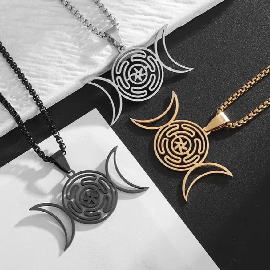Hecate Wheel Triple Moon Necklace Wicca Jewelry-MoonChildWorld