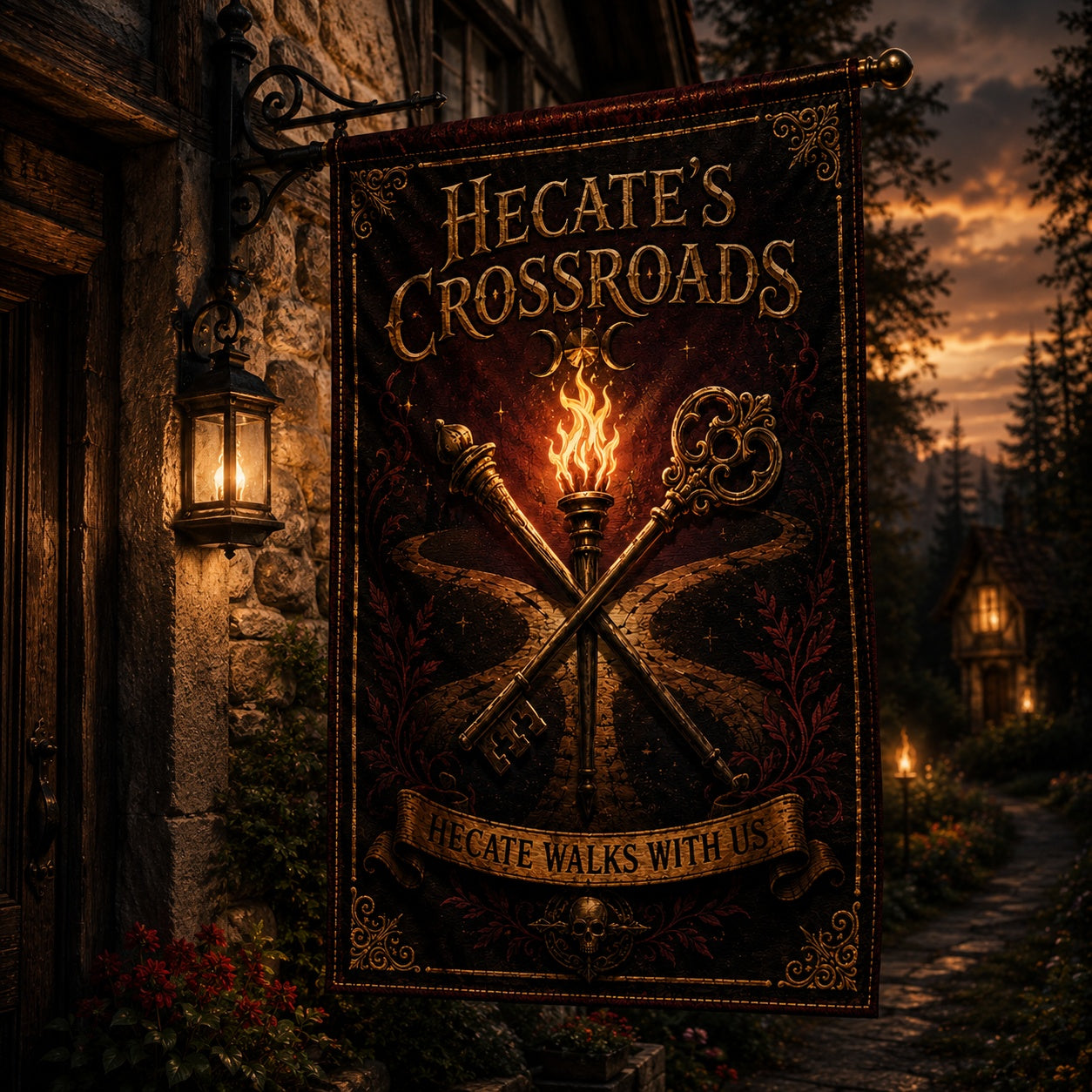 Close-up of Hecates Crossroads house flag showing torch and key artwork