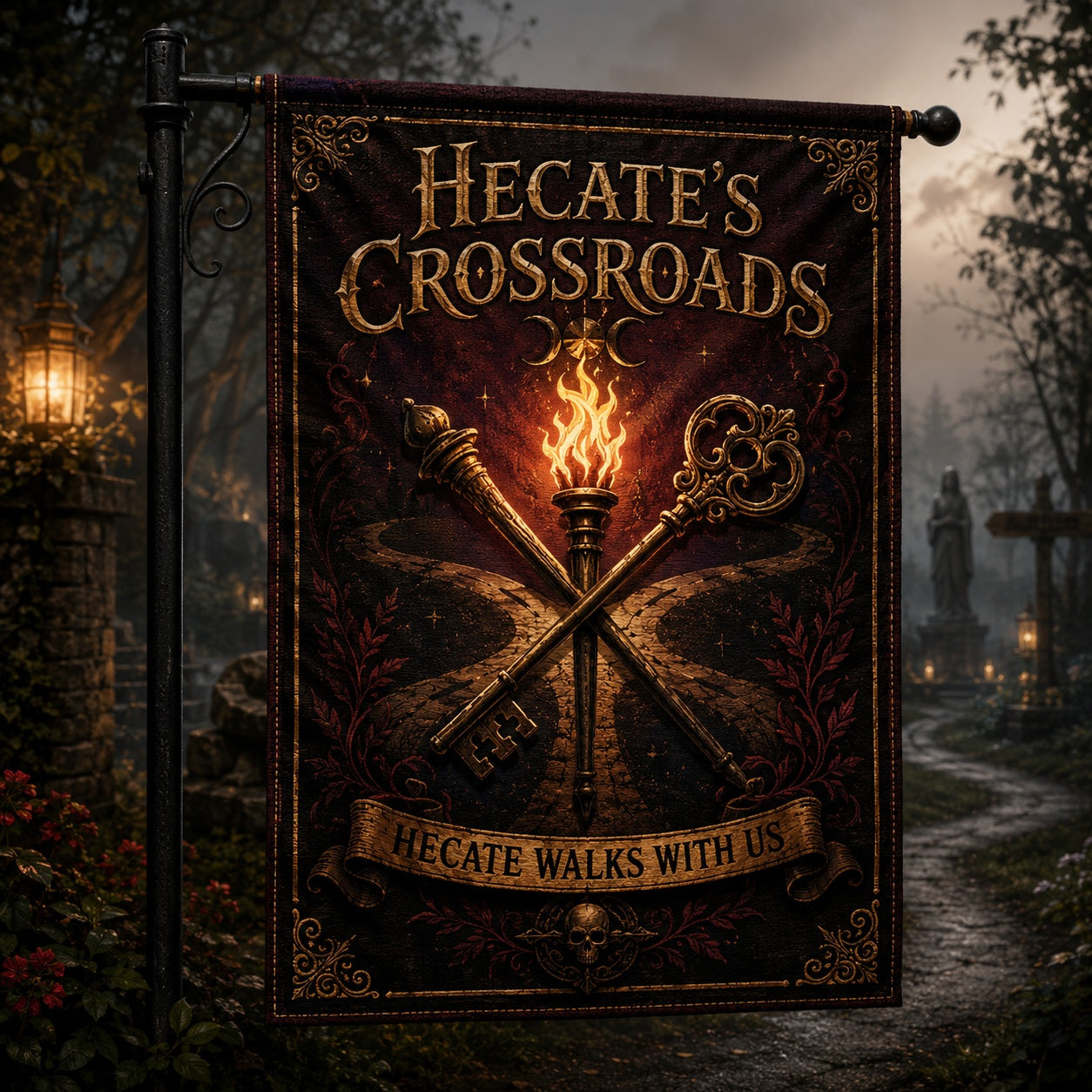 Hecates Crossroads house flag with Torch Key Hecate Walks With Us design