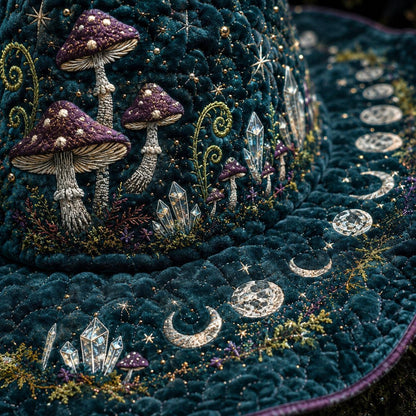 Hedge Witch Hat – Teal Mushroom Cottagecore Forest Wide Brim Hat – styled with candles and crystals