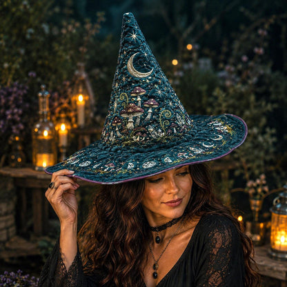 Hedge Witch Hat – Teal Mushroom Cottagecore Forest Wide Brim Hat – quilting and print detail
