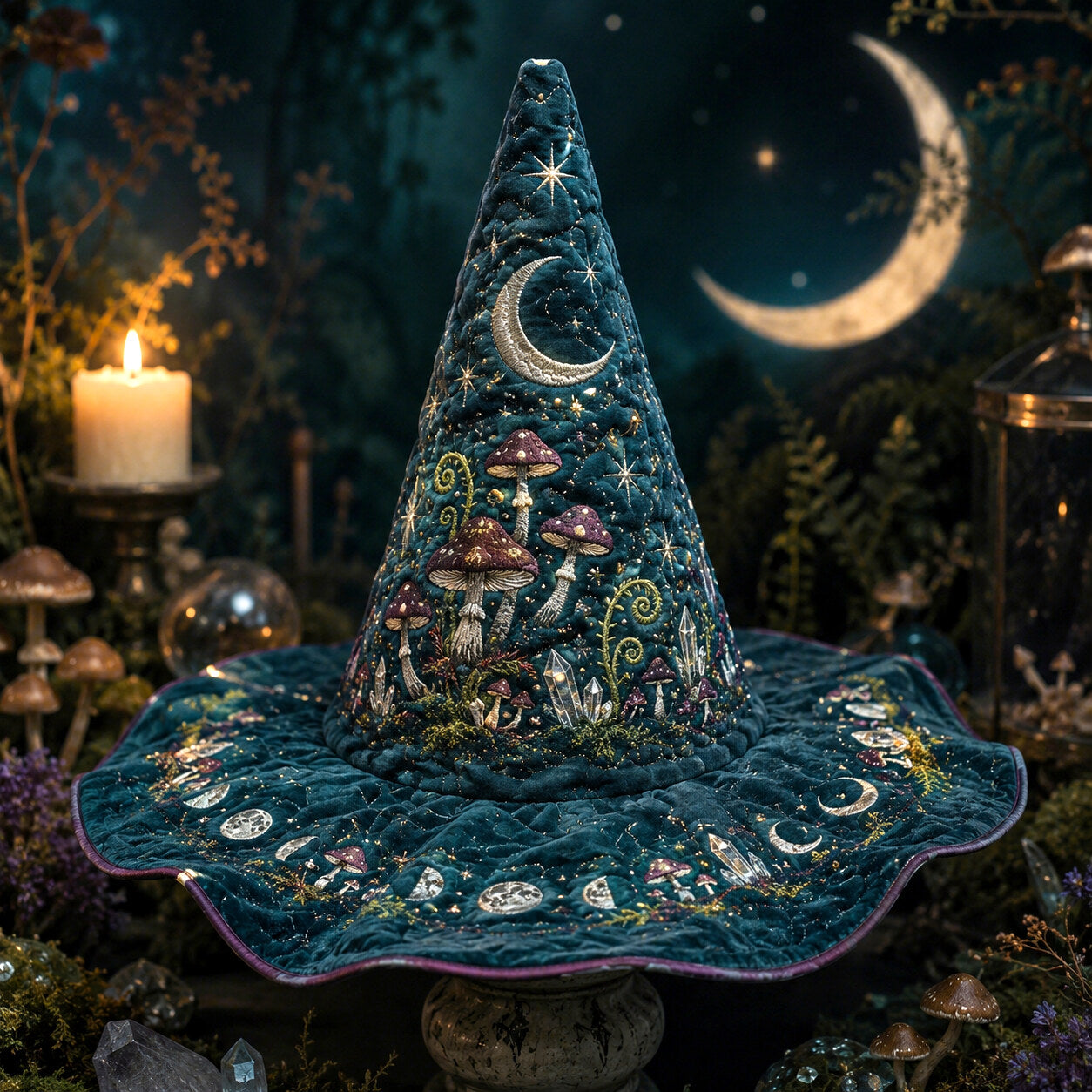 Hedge Witch Hat – Teal Mushroom Cottagecore Forest Wide Brim Hat – on an altar table