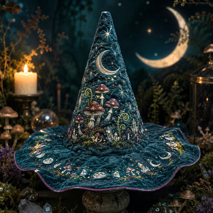 Hedge Witch Hat – Teal Mushroom Cottagecore Forest Wide Brim Hat – on an altar table
