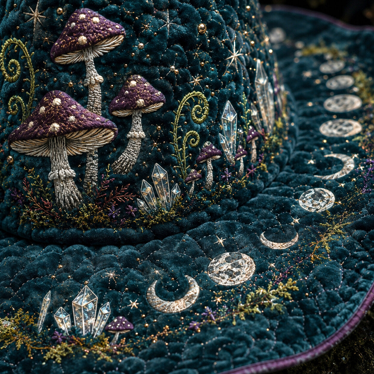 Hedge Witch Hat – Teal Mushroom Cottagecore Forest Wide Brim Hat – styled with candles and crystals