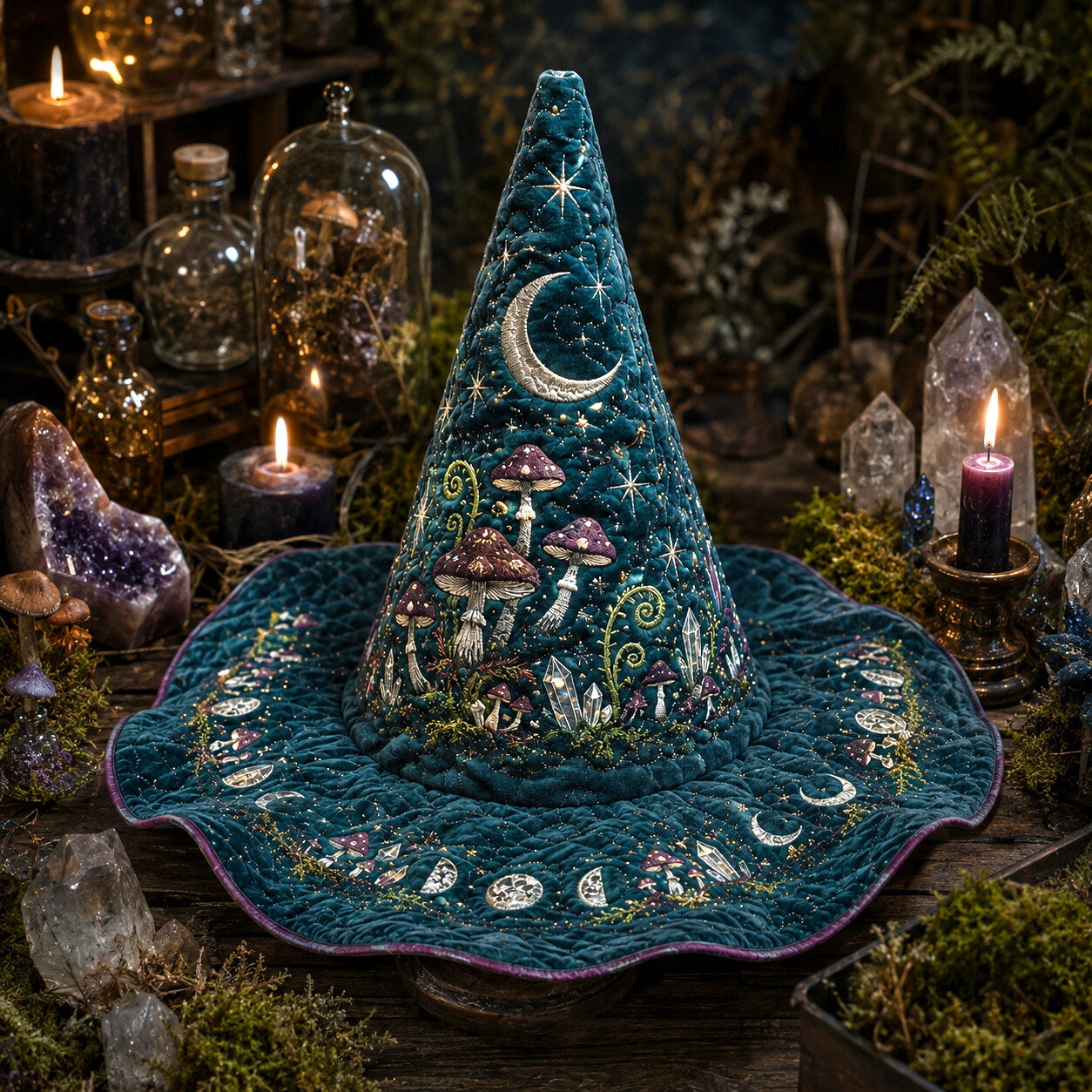 Hedge Witch Hat – Teal Mushroom Cottagecore Forest Wide Brim Hat – worn, front view