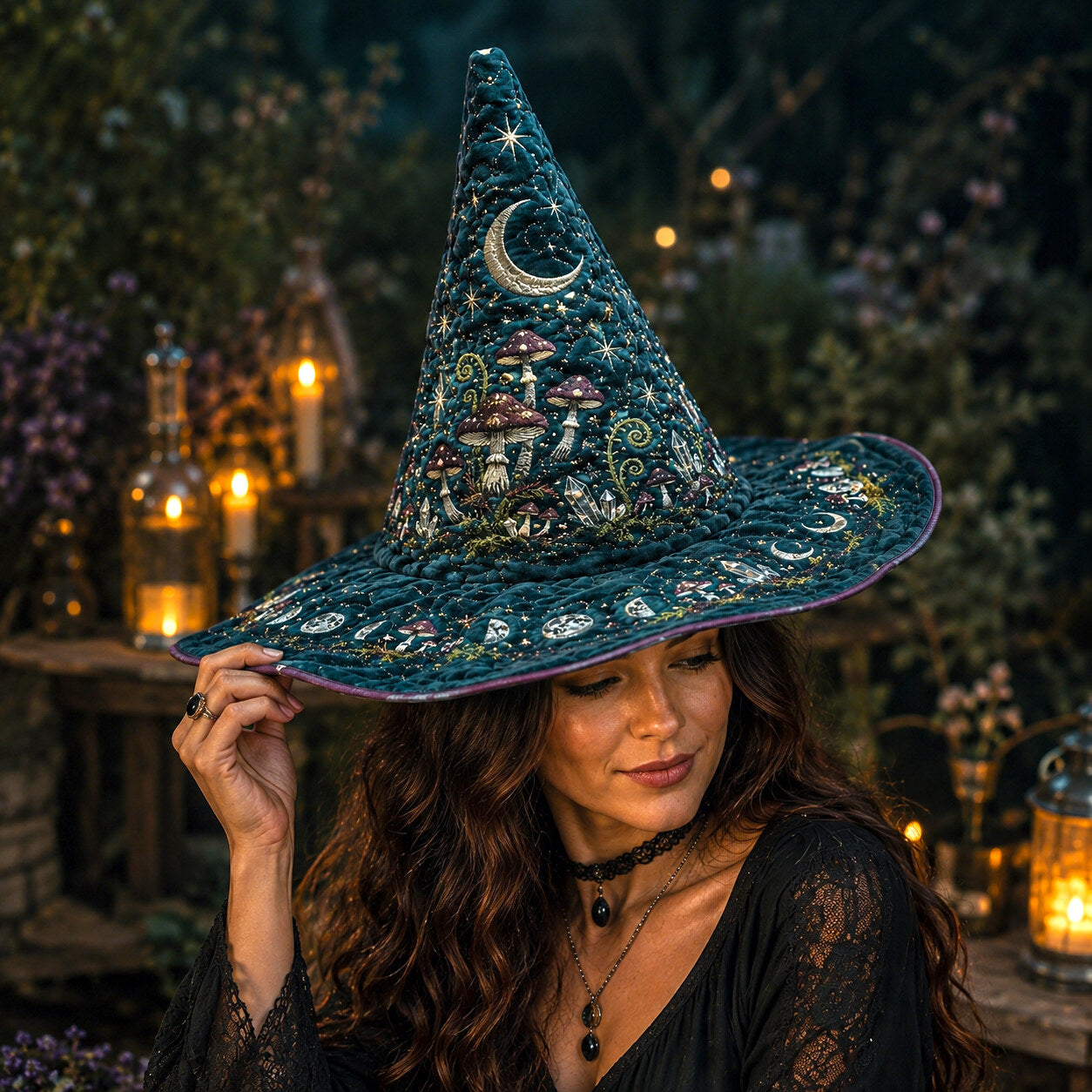 Hedge Witch Hat – Teal Mushroom Cottagecore Forest Wide Brim Hat – quilting and print detail