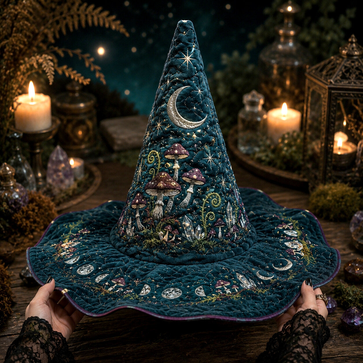 Hedge Witch Hat – Teal Mushroom Cottagecore Forest Wide Brim Hat – held in both hands