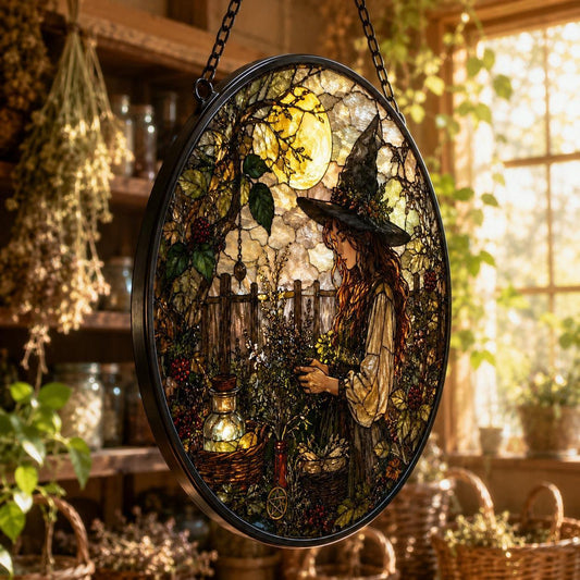 Hedge Witch Herbal Garden Glass Suncatcher - hanging view