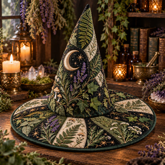 Herb Garden Quilted Witch Hat – Cottagecore Pagan Wide Brim Hat – styled with candles and crystals