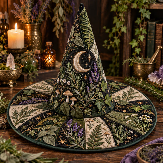 Herb Garden Quilted Witch Hat – Cottagecore Pagan Wide Brim Hat – styled with candles and crystals