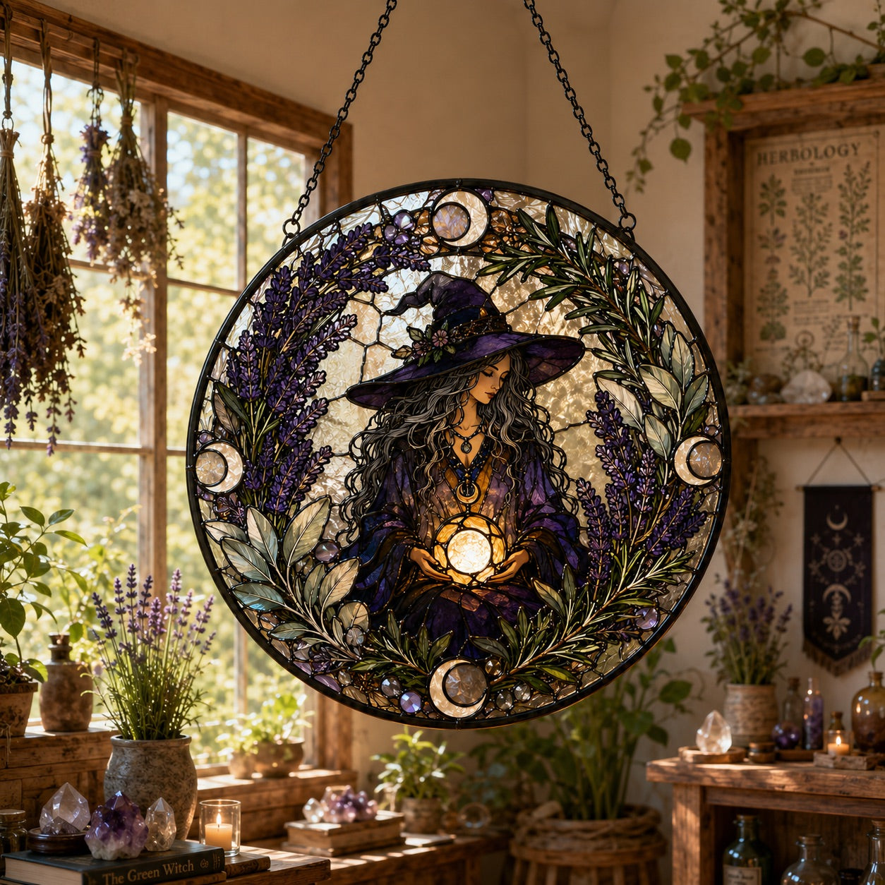 Herbal Witch Botanical Wreath Glass Suncatcher - sunlight glow