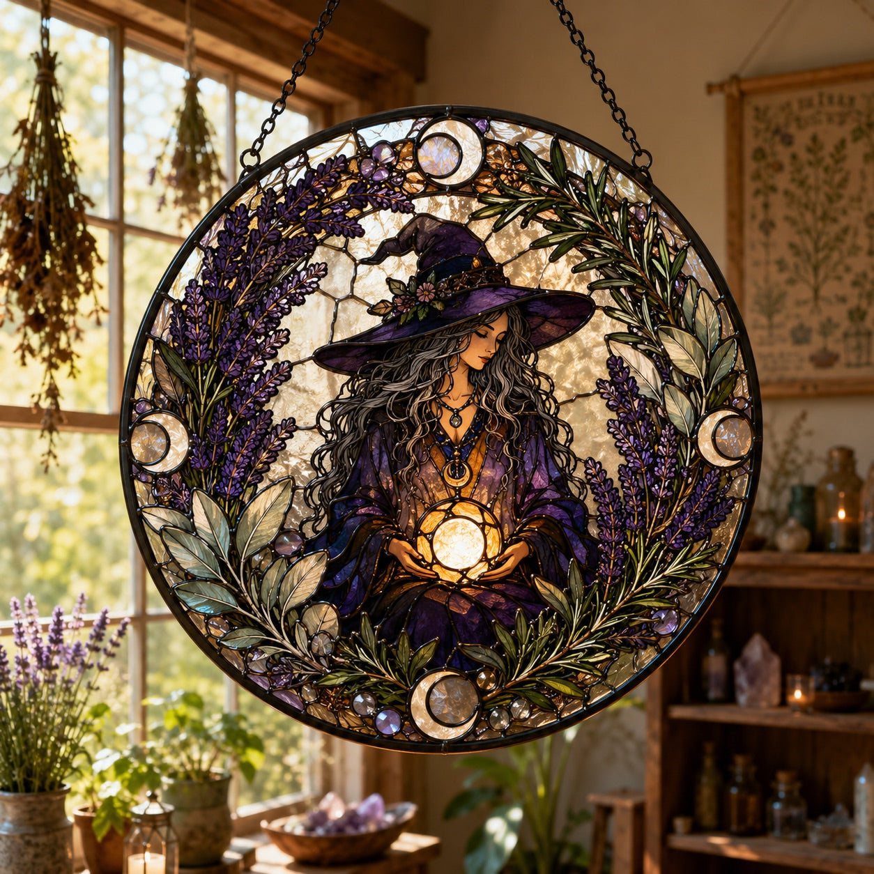 Herbal Witch Botanical Wreath Glass Suncatcher - window display