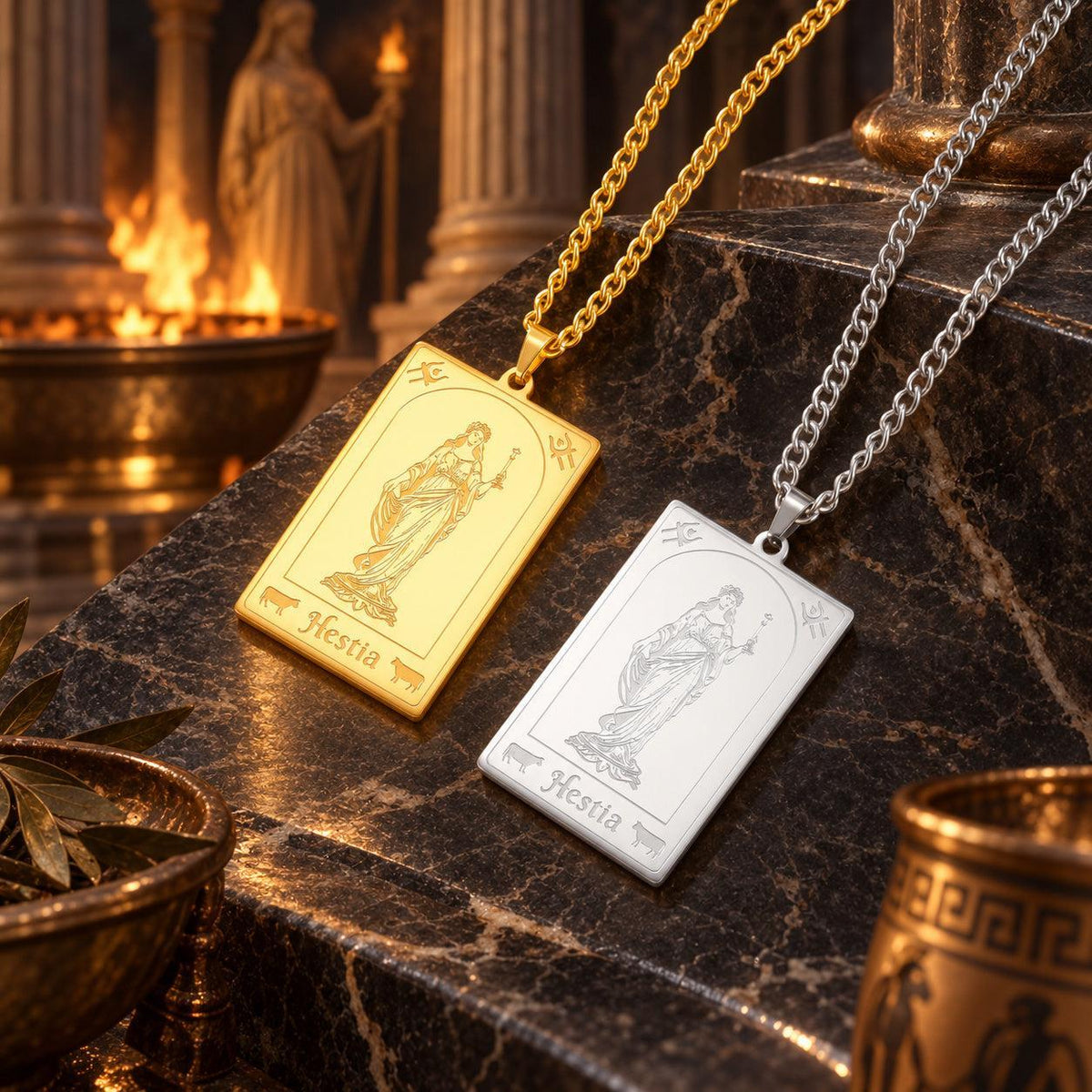 Hestia Greek Goddess Tarot Card Necklace in Stainless Steel — detailed jewelry view 2