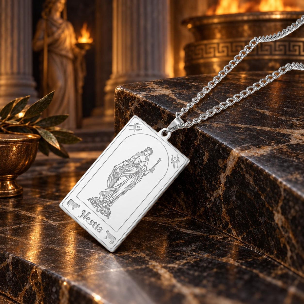 Hestia Greek Goddess Tarot Card Necklace in Stainless Steel — detailed jewelry view 4