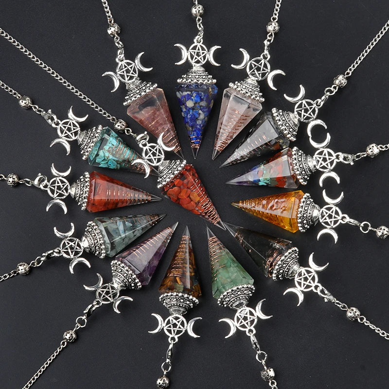 Hexagon Cone Crystal Pendulum Seven Chakra Natural Stone Pendant-MoonChildWorld