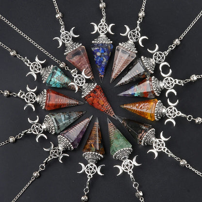 Hexagon Cone Crystal Pendulum Seven Chakra Natural Stone Pendant-MoonChildWorld