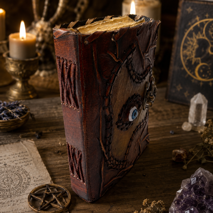 Hocus Pocus book of spells leather journal – Halloween witch grimoire with lock, deckle pages, view 2