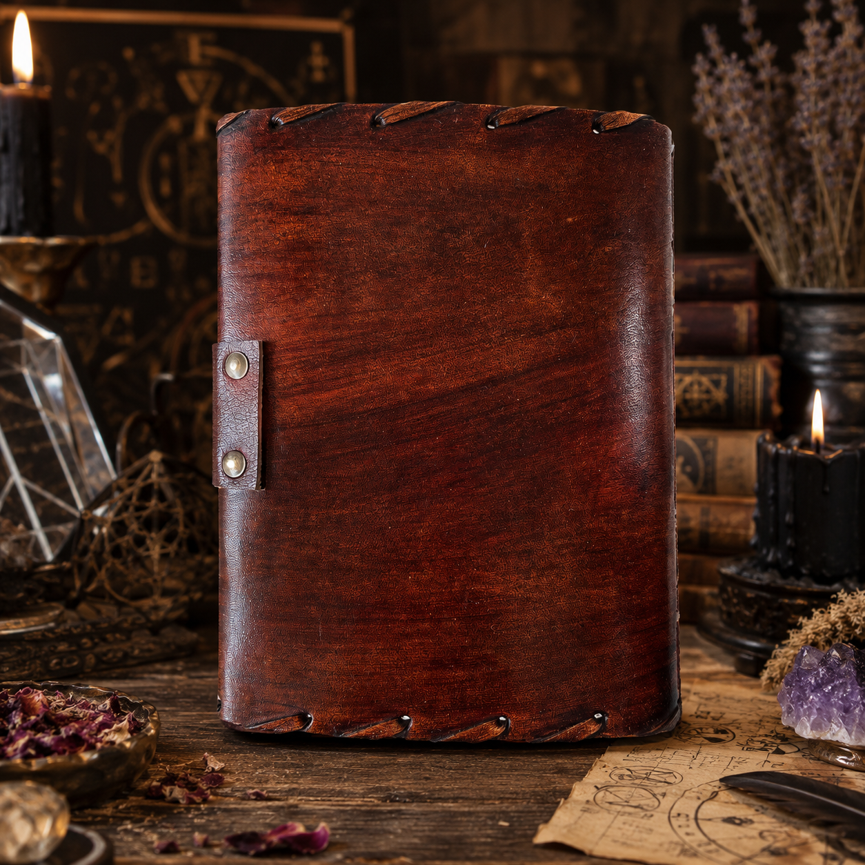 Hocus Pocus book of spells leather journal – Halloween witch grimoire with lock, deckle pages, view 3