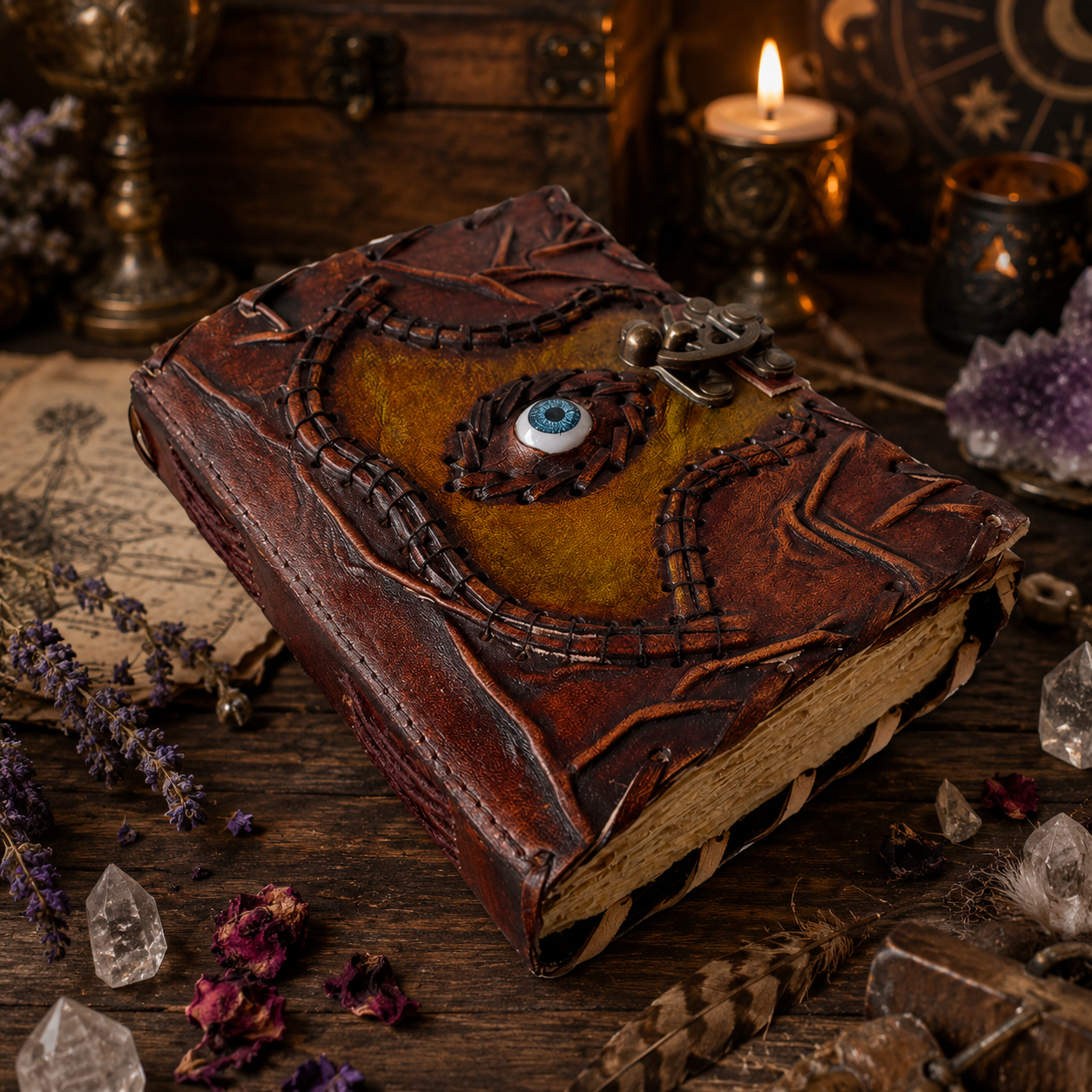 Hocus Pocus book of spells leather journal – Halloween witch grimoire with lock, deckle pages, view 4