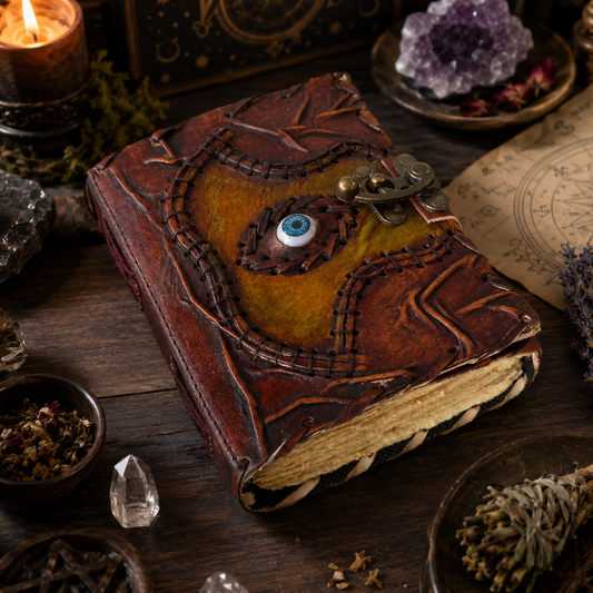 Hocus Pocus book of spells leather journal – Halloween witch grimoire with lock, deckle pages, view 1