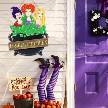 Hocus Pocus 'I Smell Children' Wooden Door Sign - Vintage Halloween Hanging Decor with Witch Silhouette-MoonChildWorld