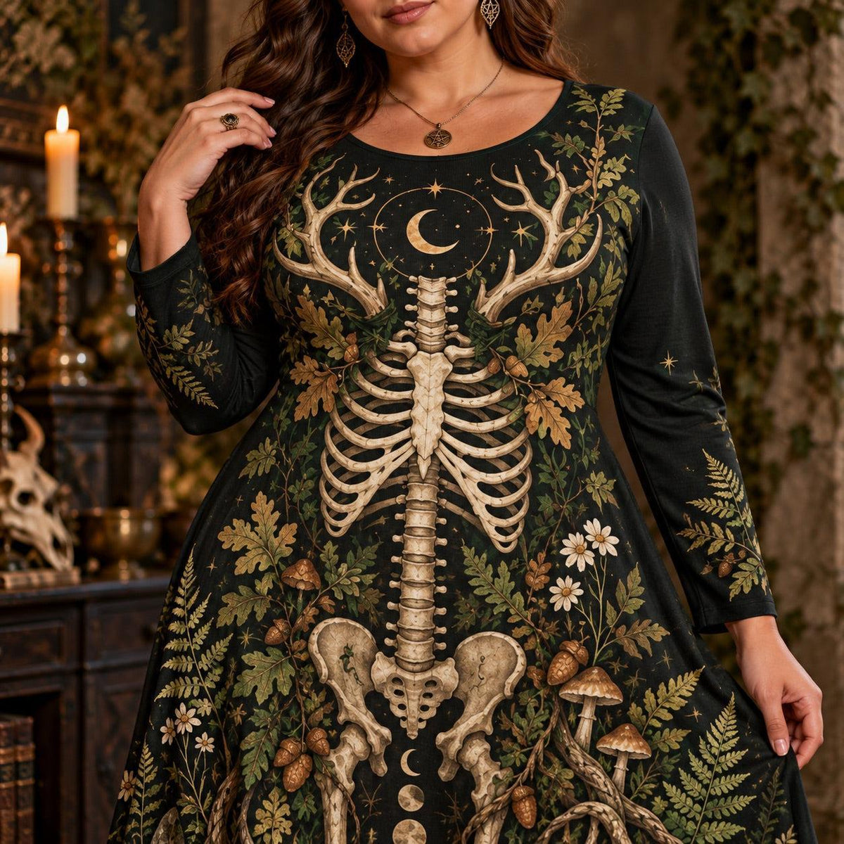 Horned Forest Skeleton Plus Size Pagan Dress – Woodland Long Sleeve Maxi – close up of the printed artwork