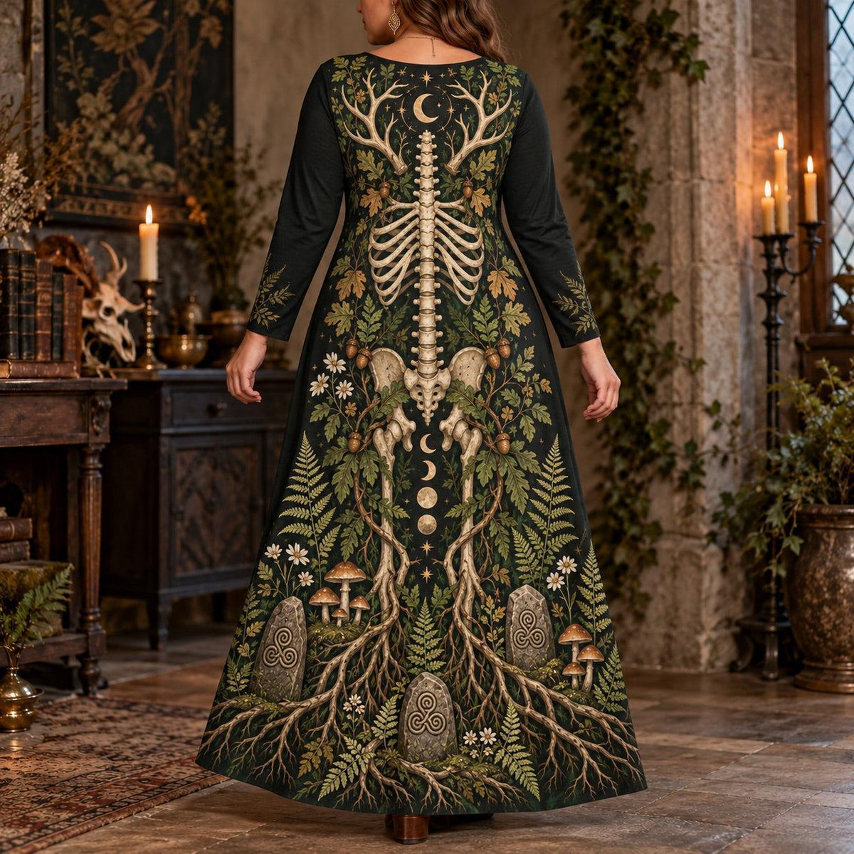 Horned Forest Skeleton Plus Size Pagan Dress – Woodland Long Sleeve Maxi – worn, back view