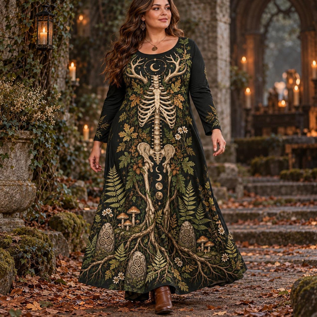 Horned Forest Skeleton Plus Size Pagan Dress – Woodland Long Sleeve Maxi – worn, in motion