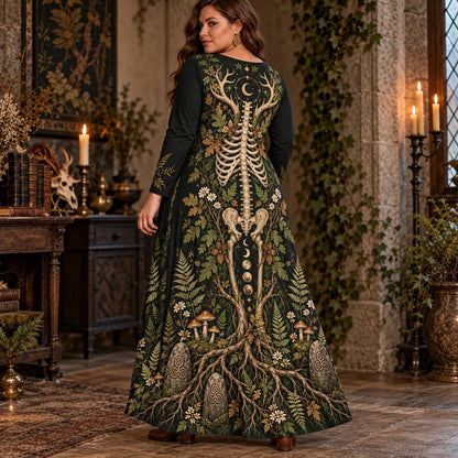 Horned Forest Skeleton Plus Size Pagan Dress – Woodland Long Sleeve Maxi – worn, three quarter view