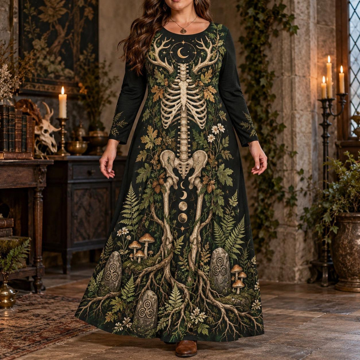 Horned Forest Skeleton Plus Size Pagan Dress – Woodland Long Sleeve Maxi – worn, front view