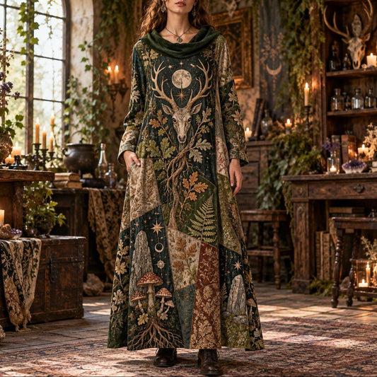 Horned Forest Spirit Pagan Cowl Neck Dress – Witchy Woodland Maxi – worn, front view