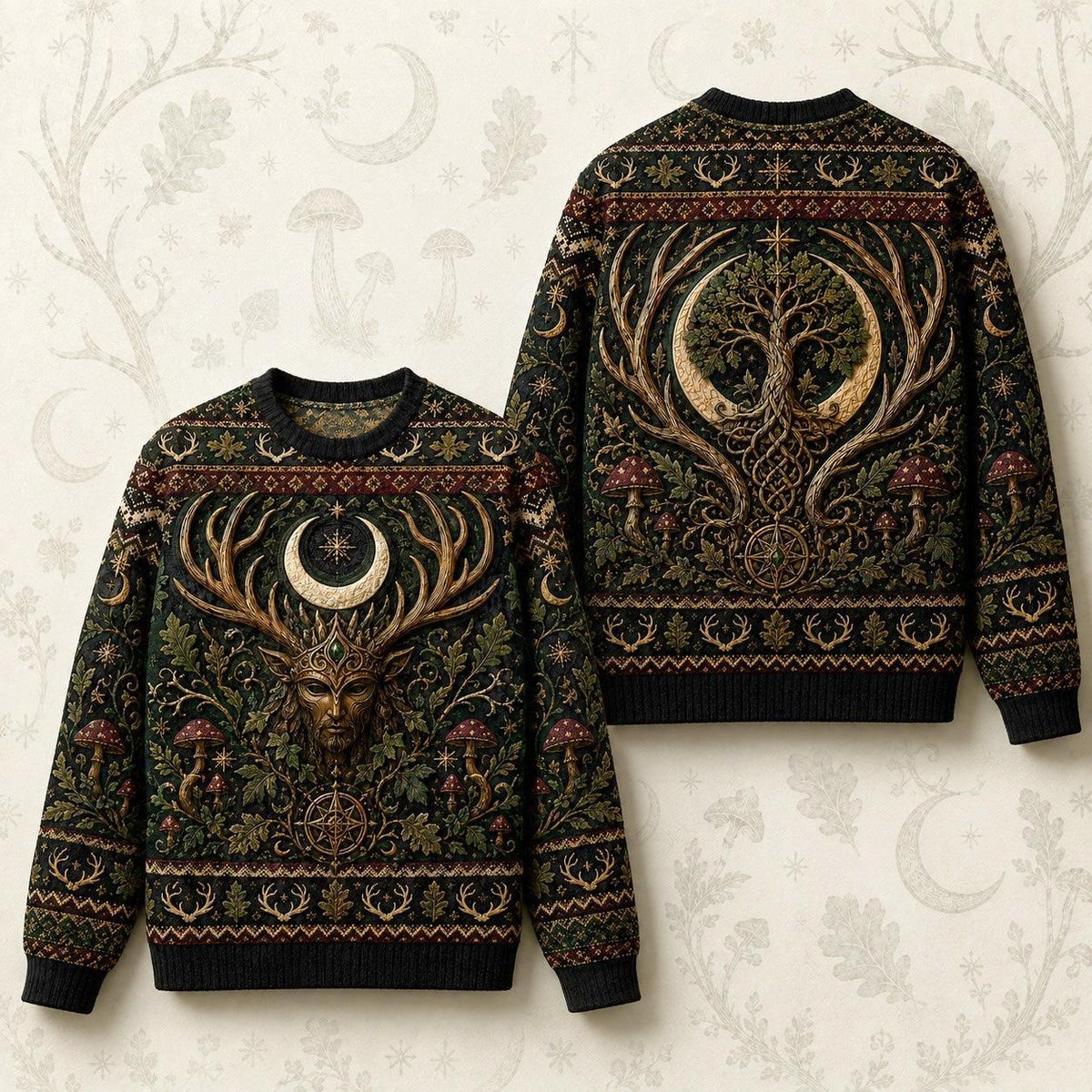 Horned God Sweater Antler Tree Crescent Forest Pagan Knit front and back together