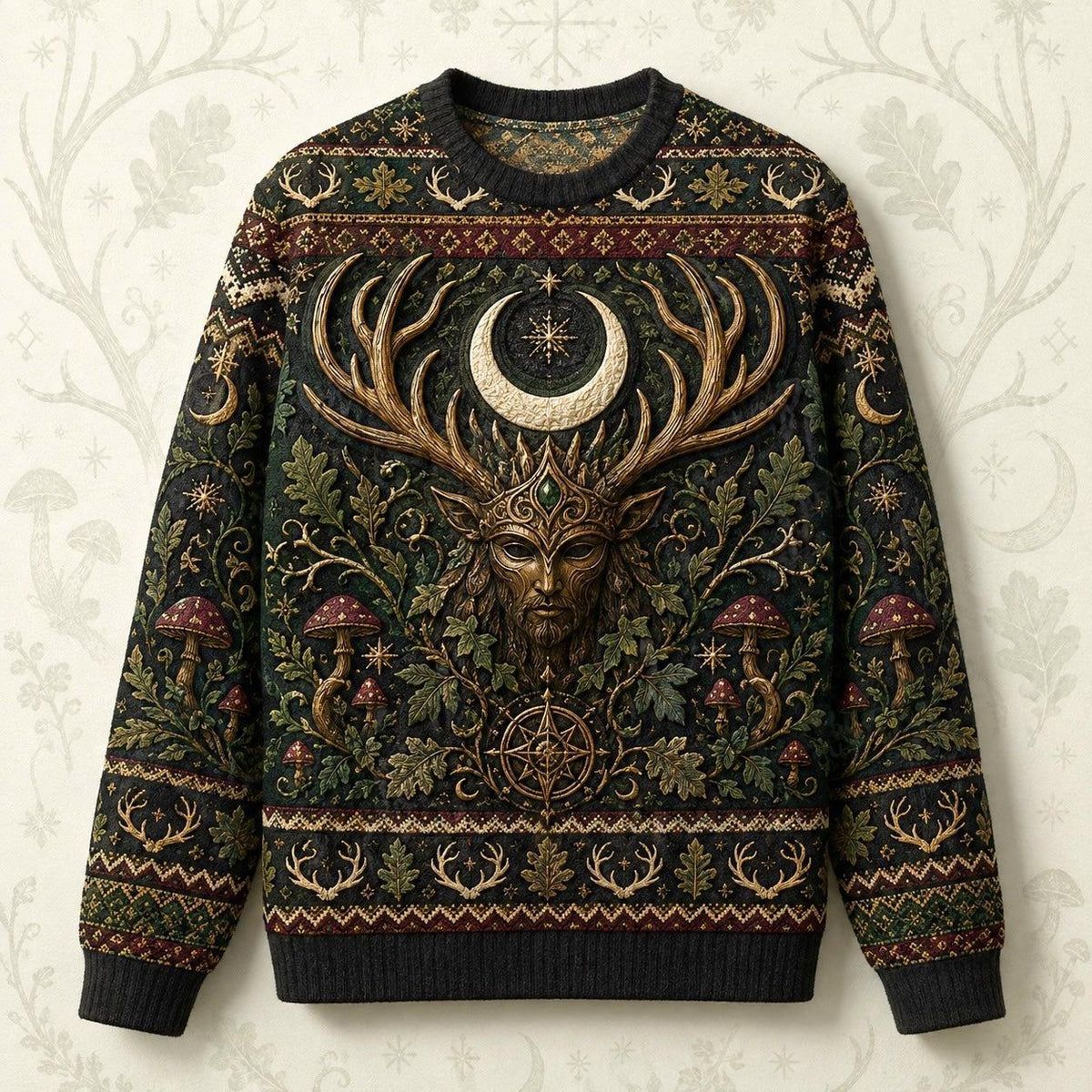 Horned God Sweater Antler Tree Crescent Forest Pagan Knit front view