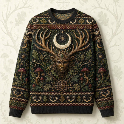 Horned God Sweater Antler Tree Crescent Forest Pagan Knit front view