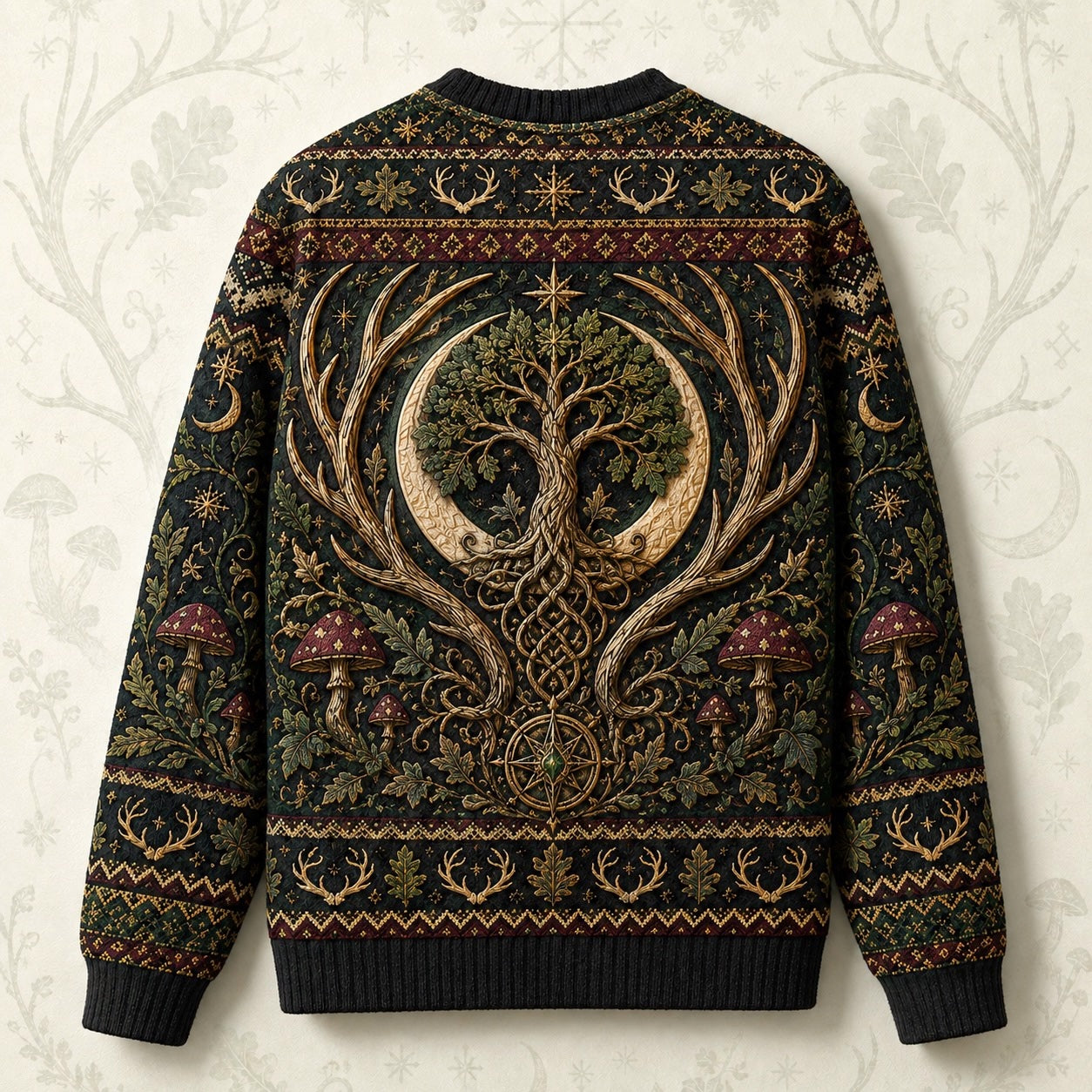 Horned God Sweater Antler Tree Crescent Forest Pagan Knit back view